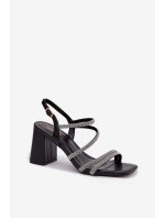 Černé dámské sandály na podpatku s pásky a cyrkony Brelia