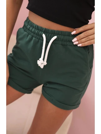 Dámské bavlněné šortky s gumou a vázáním v pase tmavě zelené