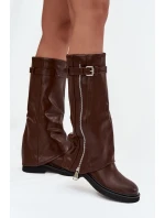 Dámské kozačky s ohrnovaným svrškem, sponou a stříbrným zipem, zateplené Bressa – hnědé