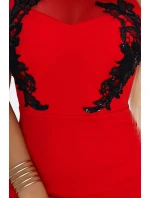 617-3 Dlouhé šaty ve tvaru mořské panny s černou krajkou a síťovinou - ČERVENÉ 617-3 Dlouhé šaty ve tvaru mořské panny s černou krajkou a síťovinou - ČERVENÉ