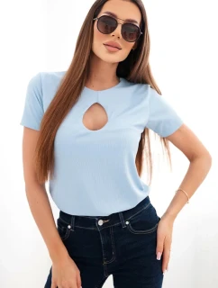 Dámská viskózová žebrovaná halenka s ozdobným vykrojením u dekoltu modrá