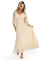 655-4 Dlouhé lehké třpytivé šaty s výstřihem a průhlednými rukávy - šampaňsko-béžová barva