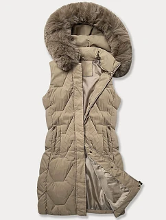 Dámská bunda bez rukávů s kožešinou na kapuci J Style béžová (16M9172-62)