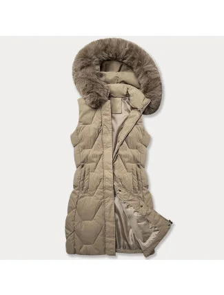 Béžová dámská vesta s kapucí olemovanou kožešinou J Style (16M9172-62) Béžová dámská vesta s kapucí olemovanou kožešinou J Style (16M9172-62)