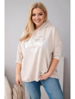 Dámská mikina plus size z viskózy s kapucí a klokaní kapsou béžová
