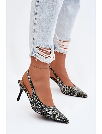 Zdobené dámské sandály na podpatku s květinovým vzorem Černé Olivelle