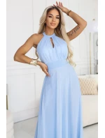 662-1 Elegantní maxi večerní šaty na ramínka s tylem a zavazováním v pase - modré