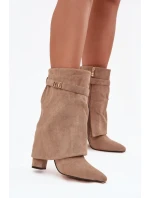Zateplené dámské kotníkové boty na podpatku s ozdobným páskem khaki Luvielle