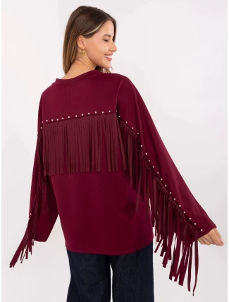 Volná dámská mikina ve vínové bordó barvě s třásněmi (21695)