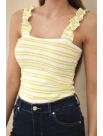 Dámská žebrovaná halenka s pruhy na ramínka s volánkem zelená