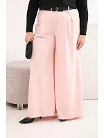 Dámské kalhoty Plus Size s širokou nohavicí a páskem pudrově růžové