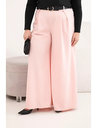 Dámské kalhoty Plus Size s širokou nohavicí a páskem pudrově růžové