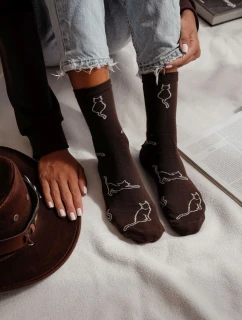 Dámské bavlněné ponožky Kontury kočky Čokoládové