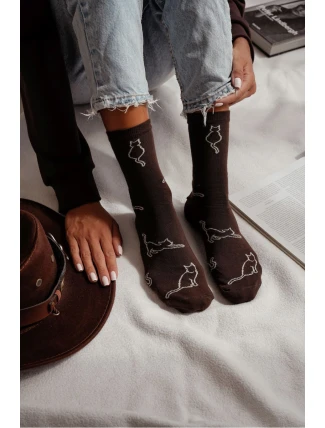 Dámské bavlněné ponožky Kontury kočky Čokoládové