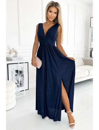 490-1 SUSAN Dlouhé brokátové šaty s výstřihem a prošíváním v pase - ZELENÉ