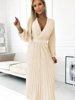 504-7 VIVIANA Plisované midi šaty se srdíčkovým výstřihem, dlouhými rukávy a širokým páskem - Bledě béžová barva
