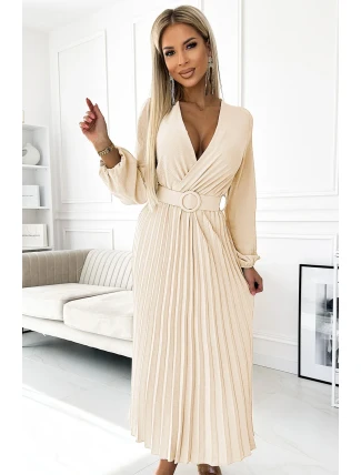 504-7 VIVIANA Plisované midi šaty se srdíčkovým výstřihem, dlouhými rukávy a širokým páskem - Bledě béžová barva