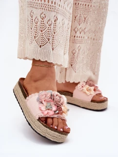 Dámské Sandały Na Platformě S Pletením A Květinami Růžové Chellia