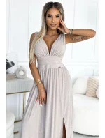 490-2 SUSAN Dlouhé brokátové šaty s výstřihem a prošíváním v pase - BEACH