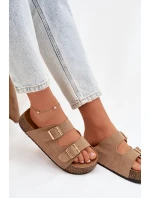 Dámské pantofle na korkové platformě se zlatými sponami tmavě béžové Tovessa