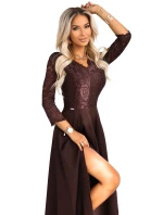 309-14 AMBER elegantní dlouhé krajkové šaty s výstřihem - čokoládové