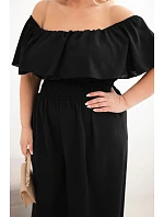 Dámský overal Plus Size s odhalenými rameny, volánem a širokými nohavicemi černý Dámský overal Plus Size s odhalenými rameny, volánem a širokými nohavicemi černý