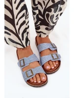 Dámské pantofle na korkové platformě s přezkami – světlý denim