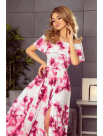 Dlouhé dámské šaty s velkými růžovými květy a španělským výstřihem model 6059216