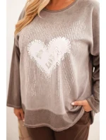 Dámská mikina Plus Size bavlněná s potiskem srdce a tkaničkami hnědá
