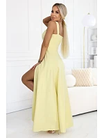 633-3 AURELIA dlouhé svatební šaty s rozparkem a výstřihem typu caro - máslově žluté s třpytkami