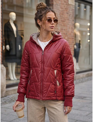Dámská prošívaná přechodová bunda s kapucí, vínová, FashionStreet TY5785 Dámská prošívaná přechodová bunda s kapucí, vínová, FashionStreet TY5785