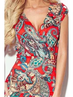 BOYKA - Vypasované červené dámské šaty se vzorem boho a s přeloženým obálkovým výstřihem 379-1