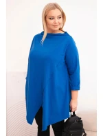 Dámská bavlněná blůza Plus Size asymetrická s ohrnutým rukávem chabrová