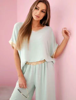 Viskózový komplet se zlatým lemováním tmavá máta