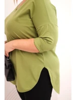 Dámská bavlněná blůza Plus Size s výstřihem do V a ohrnutým rukávem olivová