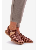 Kožené sandály na plochém podpatku hnědé Zazoo 3686