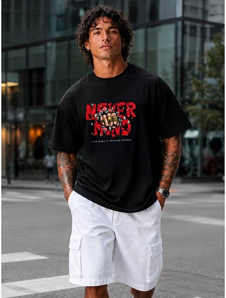 Pánské tričko oversize s nápisem NEVER MIND černé FashionStreet NX1021R Pánské tričko oversize s nápisem NEVER MIND černé FashionStreet NX1021R