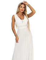 637-8 Dlouhé maxi šaty s brokátovým akcentem a hlubokým výstřihem - ecru barva