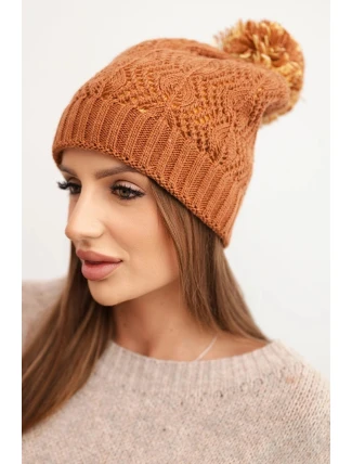 Dámská zimní čepice s vlnou ve zdobném pletení s bambulí K467 hnědá