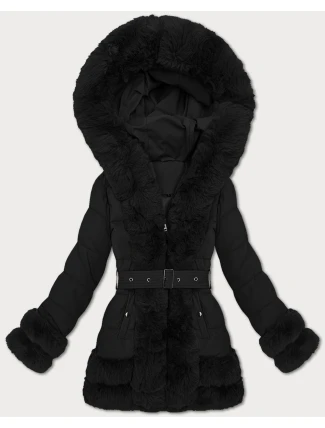 Elegantní černá bunda pro přechodné období s kožešinou S'West (B8526-1)