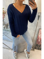 Pletený svetr s výstřihem do V tmavě modrý