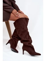 Dámské kozačky na jehlovém podpatku, vsuvné Mavilla – čokoládové