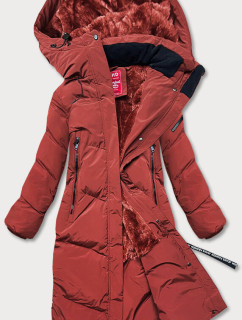 Dlouhá dámská zimní bunda v cihlové barvě s kožešinovou podšívkou (2M-011)