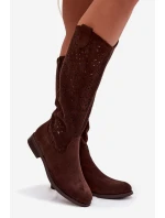 Dámské síťované kozačky na nízkém podpatku S.Barski HY61-8023 Čokoládové