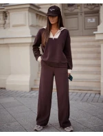 Dámský komplet v čokoládové barvě - mikina se stojáčkem a široké kalhoty s kapsami (VE107)