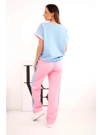 Dámský máslový komplet s oversize mikinou a širokými kalhotami světle růžová + modrá
