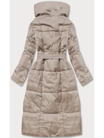 Světle béžový dámský zimní kabát s páskem (2M-061)