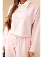 Dámský komplet máslová mikina s límečkem a jednoduché kalhoty pudrově růžový