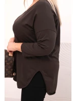 Dámská bavlněná blůza Plus Size s výstřihem do V a ohrnutým rukávem hnědá