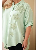 Dámská košile Plus Size z viskózy s květinovým vyšíváním tmavě mátová